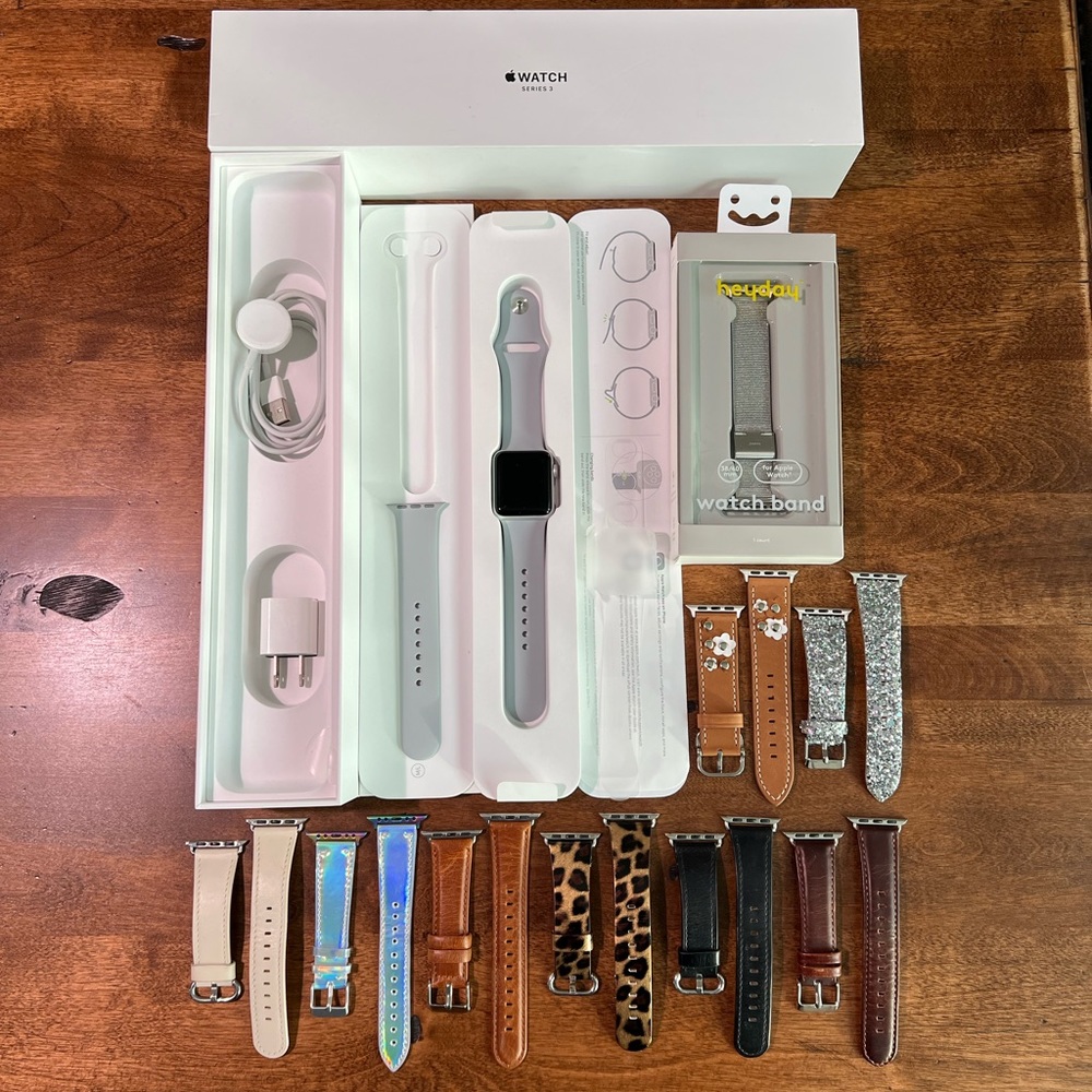 Apple Watch 3 GPS-Only 38mm w/Never Worn Apple Sport Band + 8 Misc Bands (3 New)